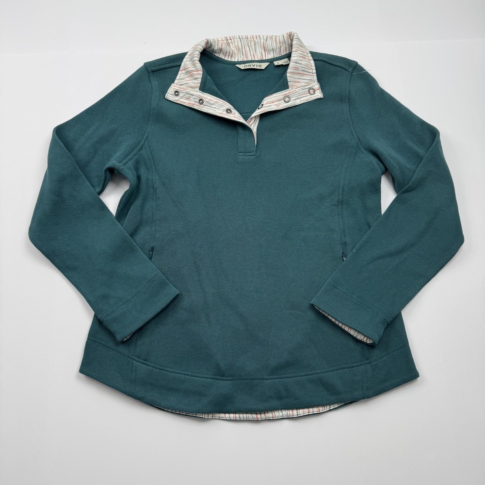 Orvis Pullover Womens Small Half Snap Stripe Lined Outdoor Layer Casual Sweater